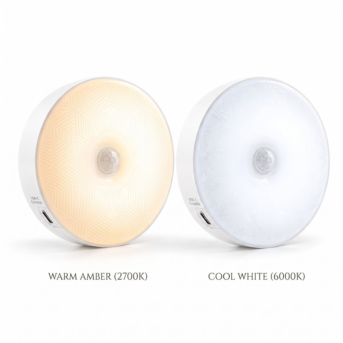 Lynova Motion Light wireless LED sensor lights in warm amber and cool white, featuring USB-C charging and magnetic base.