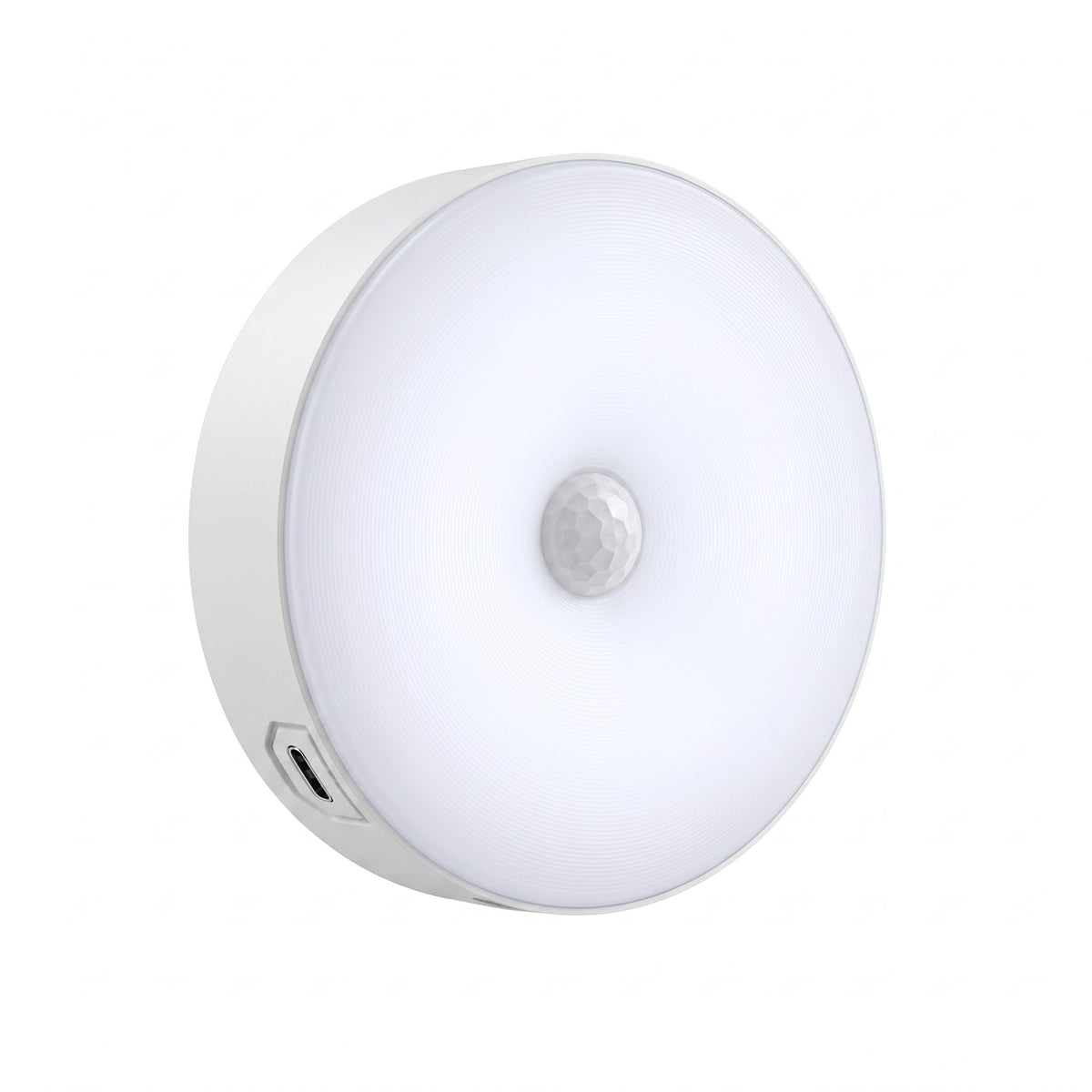 Lynova motion sensor LED light with a sleek white circular design and USB charging port for wireless home lighting.