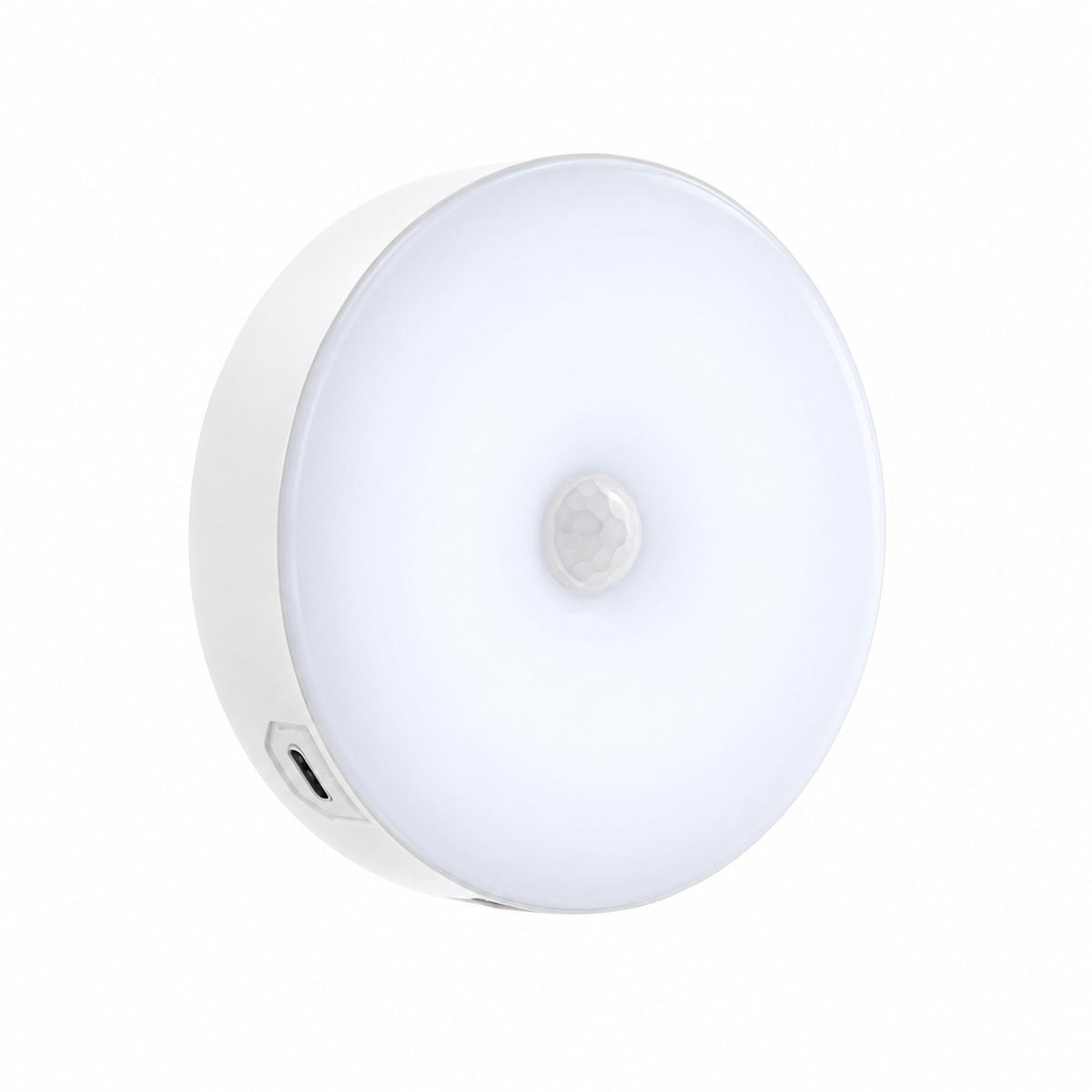 Lynova motion sensor LED light in a sleek white circular design with a USB charging port on the side