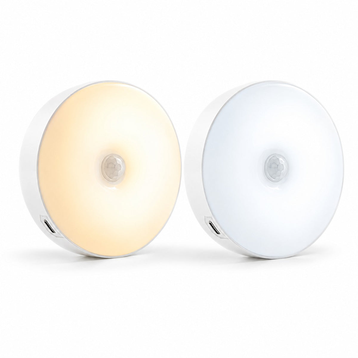 Lynova motion sensor LED lights in warm and cool white tones, featuring a slim, wireless, rechargeable design.